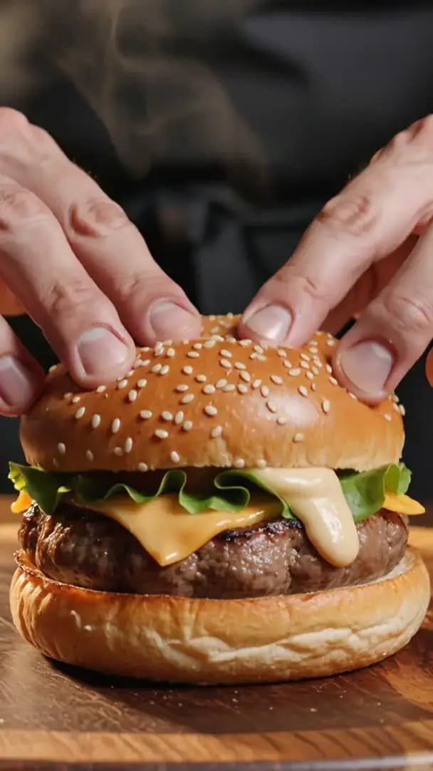 A smash burger held over the pass