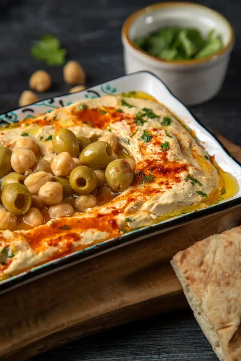 A hummus tray with olives and grilled pita